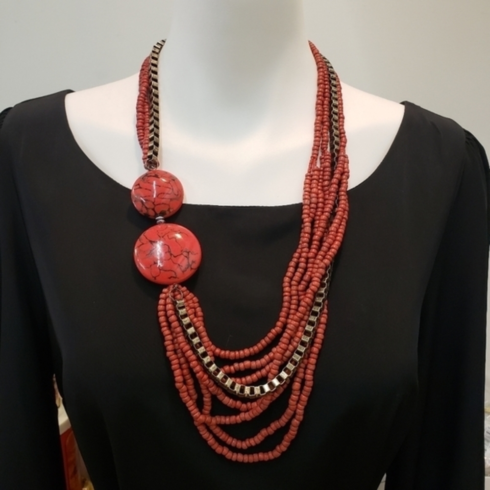 ASYMMETRIC Tribal Chunky Red Multi Strand Necklace